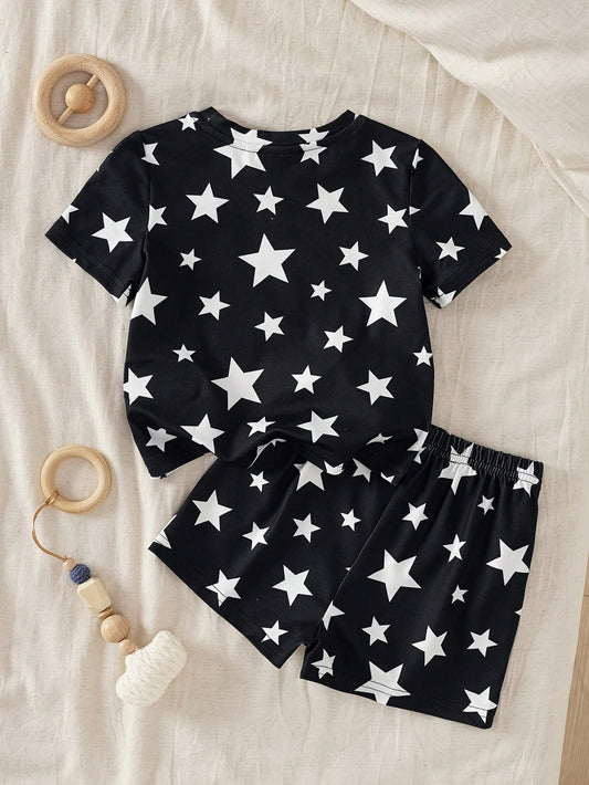 2pcs/Set Baby Girl Cartoon & Star Print Casual Style Round Neck Short Sleeve Top And Shorts Pajamas
