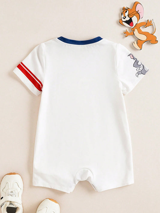 2pcs/Set Baby Girl Casual Cartoon Print Round Neck Short Sleeve Romper