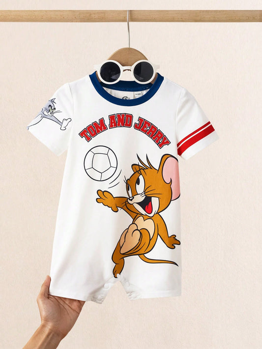 2pcs/Set Baby Girl Casual Cartoon Print Round Neck Short Sleeve Romper