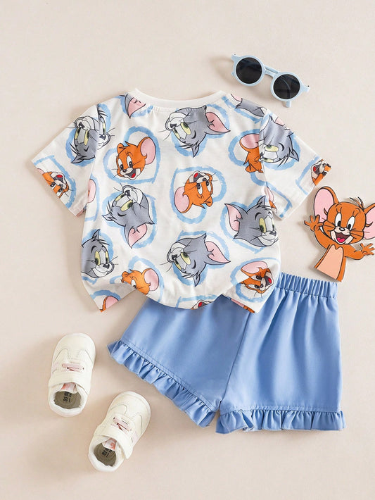 Young Girl Casual Cartoon Graphic Round Neck Short Sleeve Top And Shorts