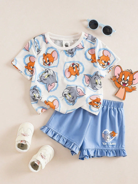 Young Girl Casual Cartoon Graphic Round Neck Short Sleeve Top And Shorts