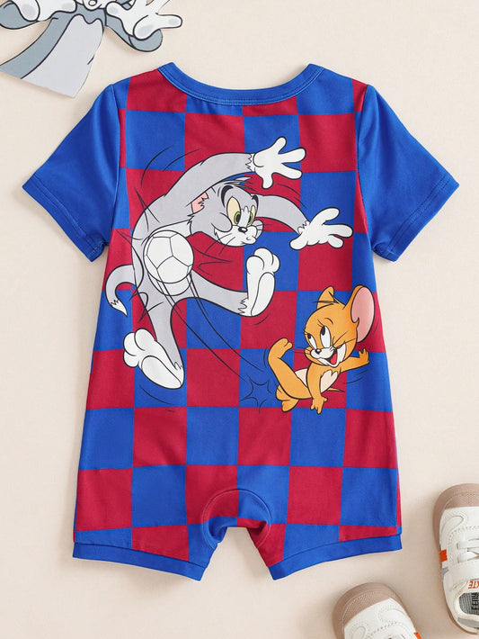 Baby Boy Cartoon Checkerboard Print Short Sleeve Romper, Summer Fashion