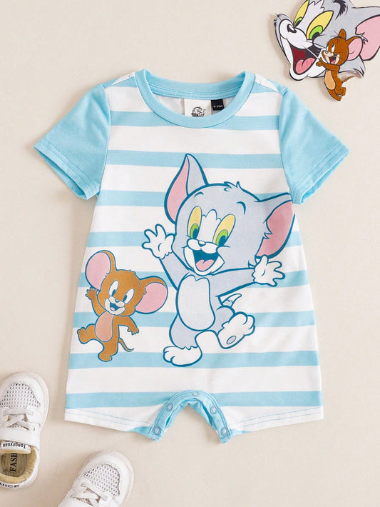 Baby Boy Cartoon Print Color Block Crew Neck Casual Romper
