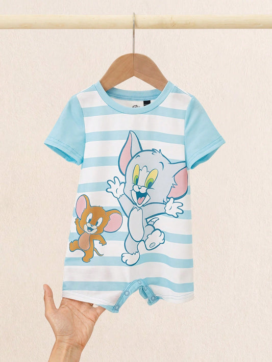 Baby Boy Cartoon Print Color Block Crew Neck Casual Romper