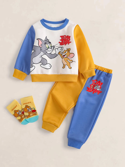 Baby Boy Cartoon Print Crew Neck Long Sleeve Sweatshirt And Sweatpants Set