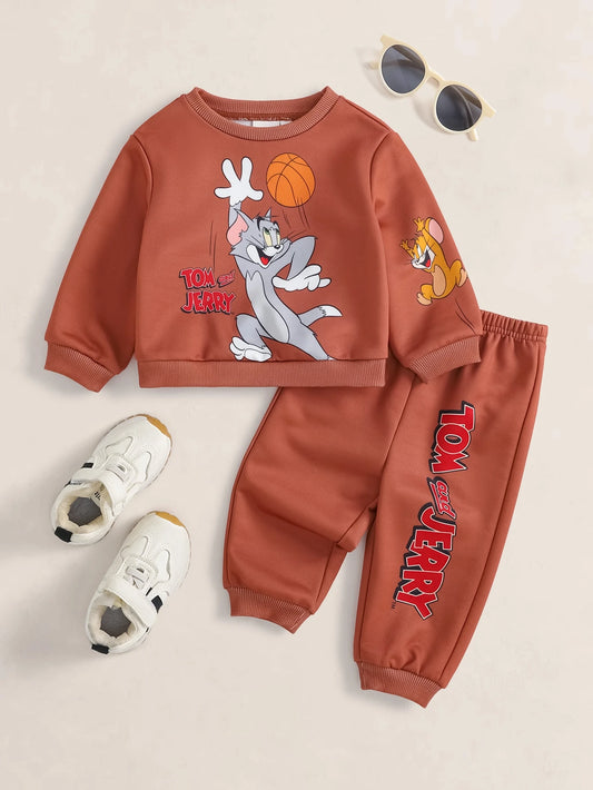 Baby Boy Cartoon Print Crew Neck Sweatshirt And Pants Set