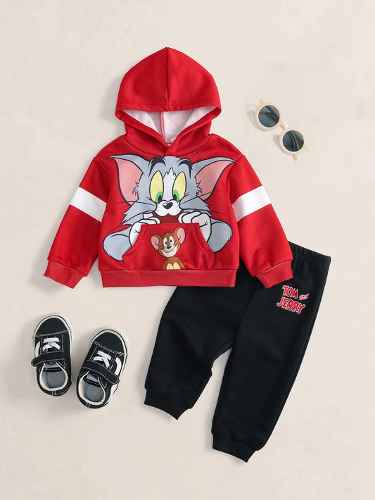 Baby Boy Cartoon Print Long Sleeve Hoodie And Sweatpants Casual Set