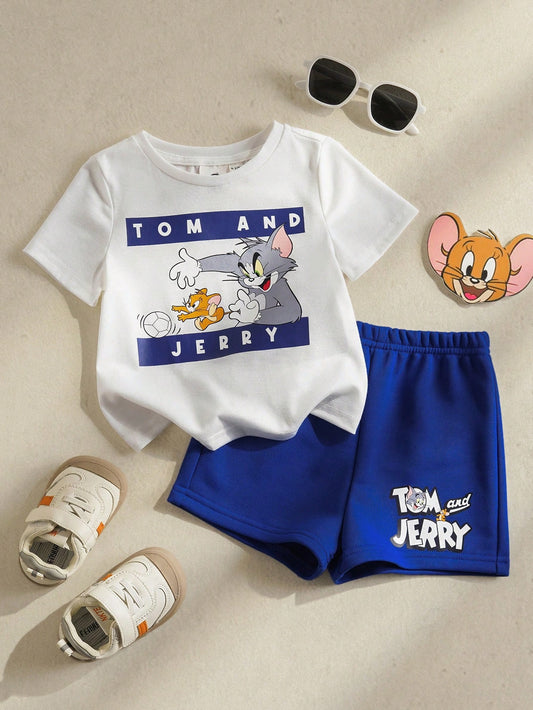 Baby Boy Letter & Cartoon Print Round Neck Short Sleeve T-Shirt And Shorts Outfit