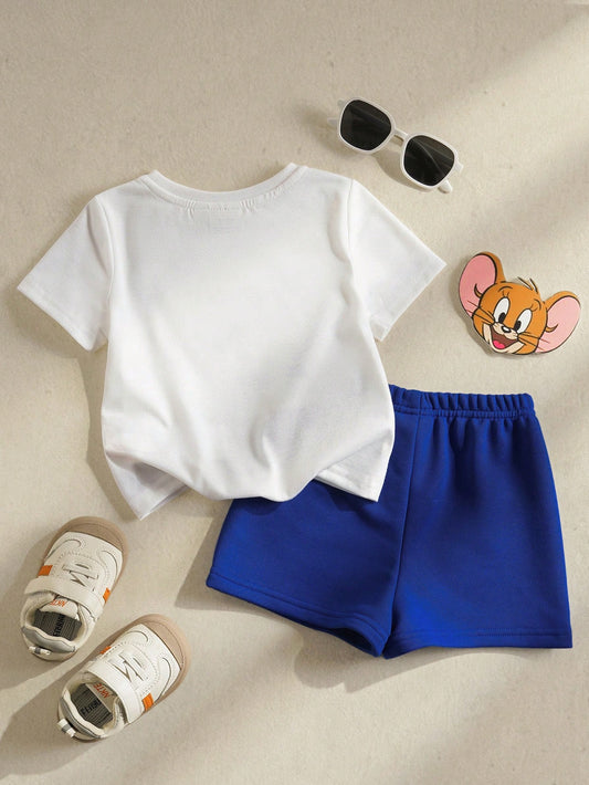 Baby Boy Letter & Cartoon Print Round Neck Short Sleeve T-Shirt And Shorts Outfit