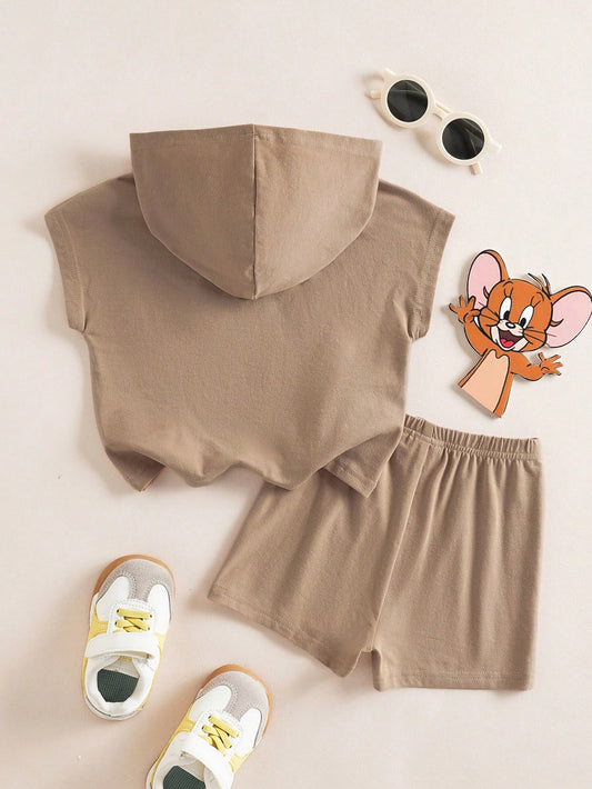 Baby Boy Summer Casual Fashionable Daily Commute Cute Cartoon Star Print Hooded Tank Top And Shorts Set