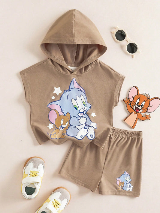 Baby Boy Summer Casual Fashionable Daily Commute Cute Cartoon Star Print Hooded Tank Top And Shorts Set