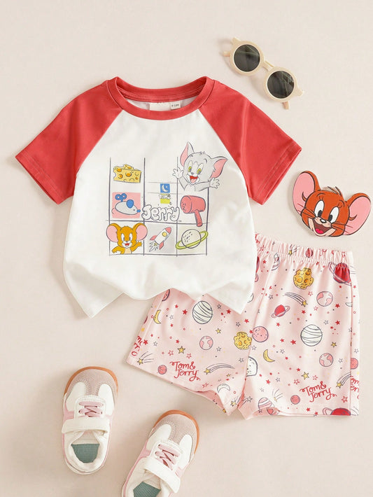 Baby Girl Cartoon Cute Crew Neck Short Sleeve T-Shirt And Casual Shorts Set