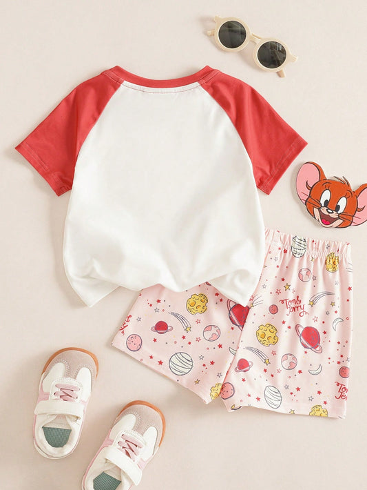 Baby Girl Cartoon Cute Crew Neck Short Sleeve T-Shirt And Casual Shorts Set