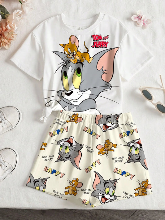 Cartoon Print Short Sleeve T-Shirt And Shorts Casual Outfit For Young Girl