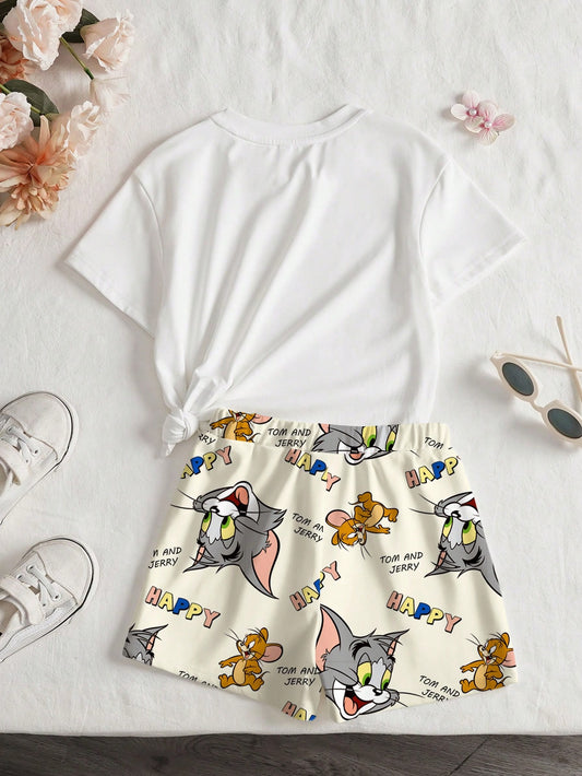 Cartoon Print Short Sleeve T-Shirt And Shorts Casual Outfit For Young Girl