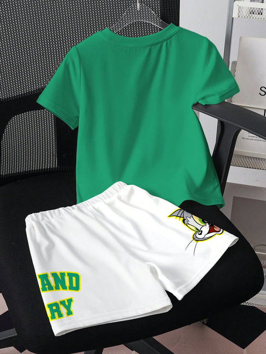 Cartoon Print Short Sleeve T-Shirt And Shorts For Young Boy