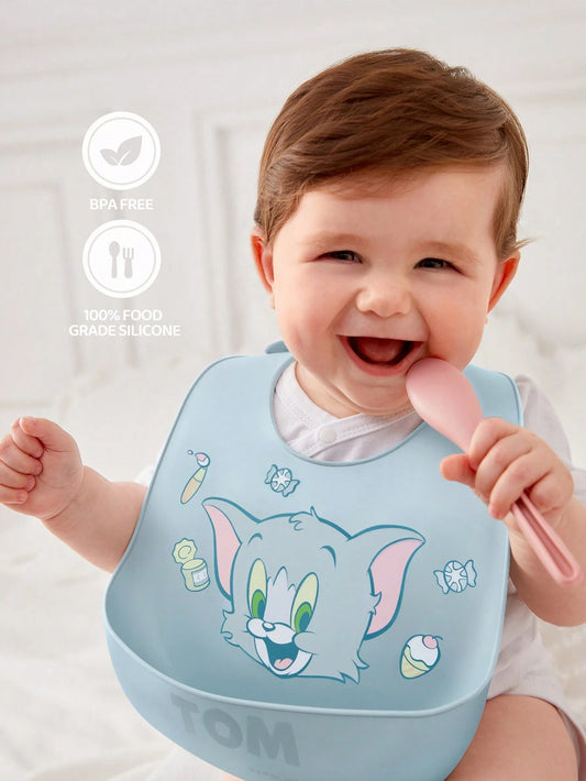 Cute TOM Print Silicon Baby Bib, Waterproof And Oil-Proof Grey