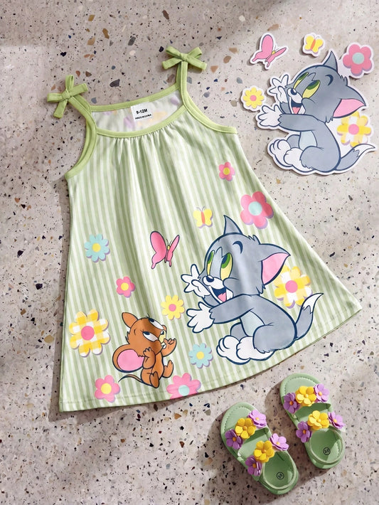 GraphicGems Baby Girl 2026 Summer Cute Cartoon Pattern Striped Strap Dress