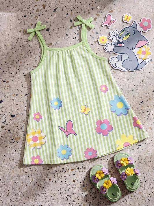 GraphicGems Baby Girl 2026 Summer Cute Cartoon Pattern Striped Strap Dress