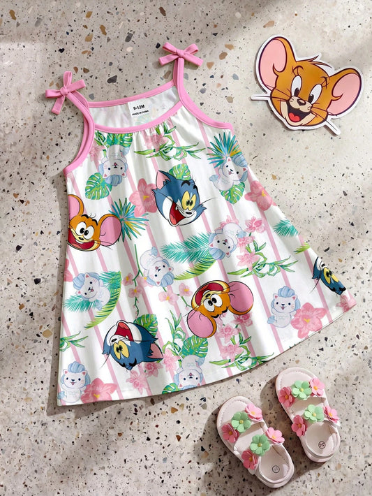 Baby Girl Summer Casual Vacation Style Tropical Plant Cartoon Striped Print Ruffle Bow Strap Dress