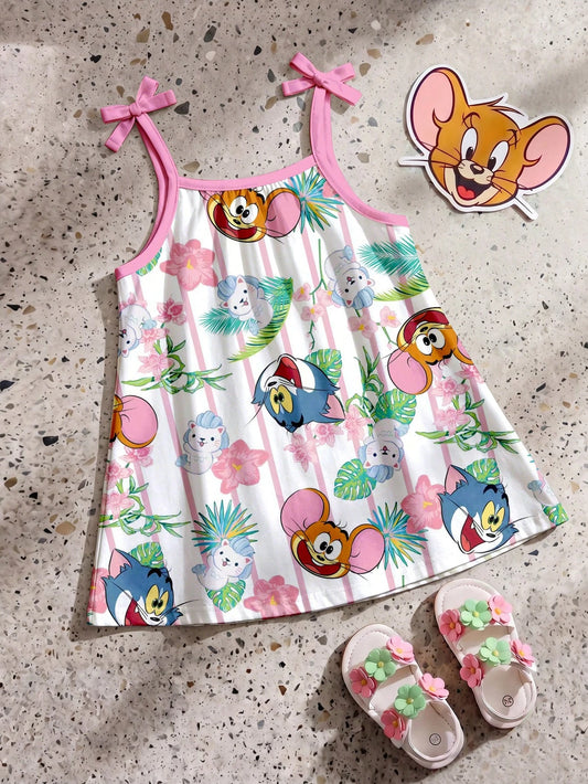 Baby Girl Summer Casual Vacation Style Tropical Plant Cartoon Striped Print Ruffle Bow Strap Dress Pink