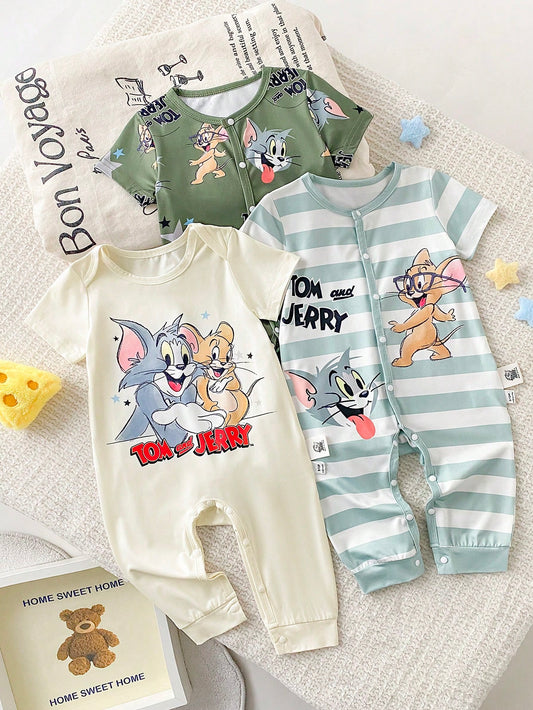 GraphicGems Baby Boy Print Shoulder Strap Short Sleeve Pants Romper 3 Pieces