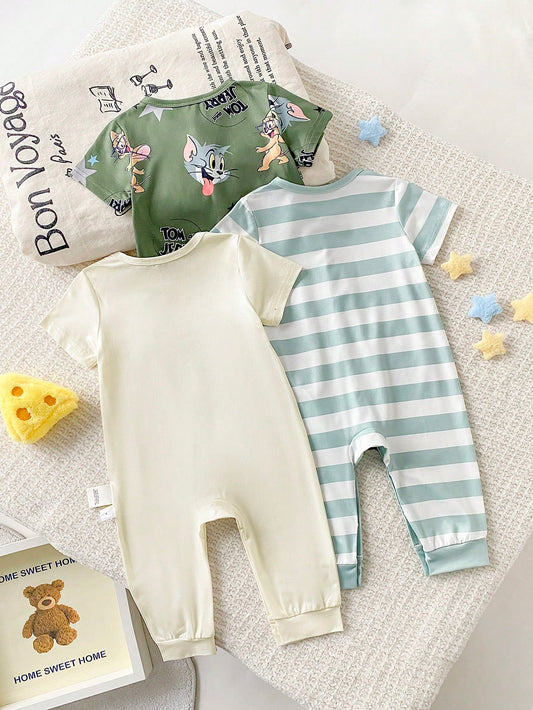 GraphicGems Baby Boy Print Shoulder Strap Short Sleeve Pants Romper 3 Pieces