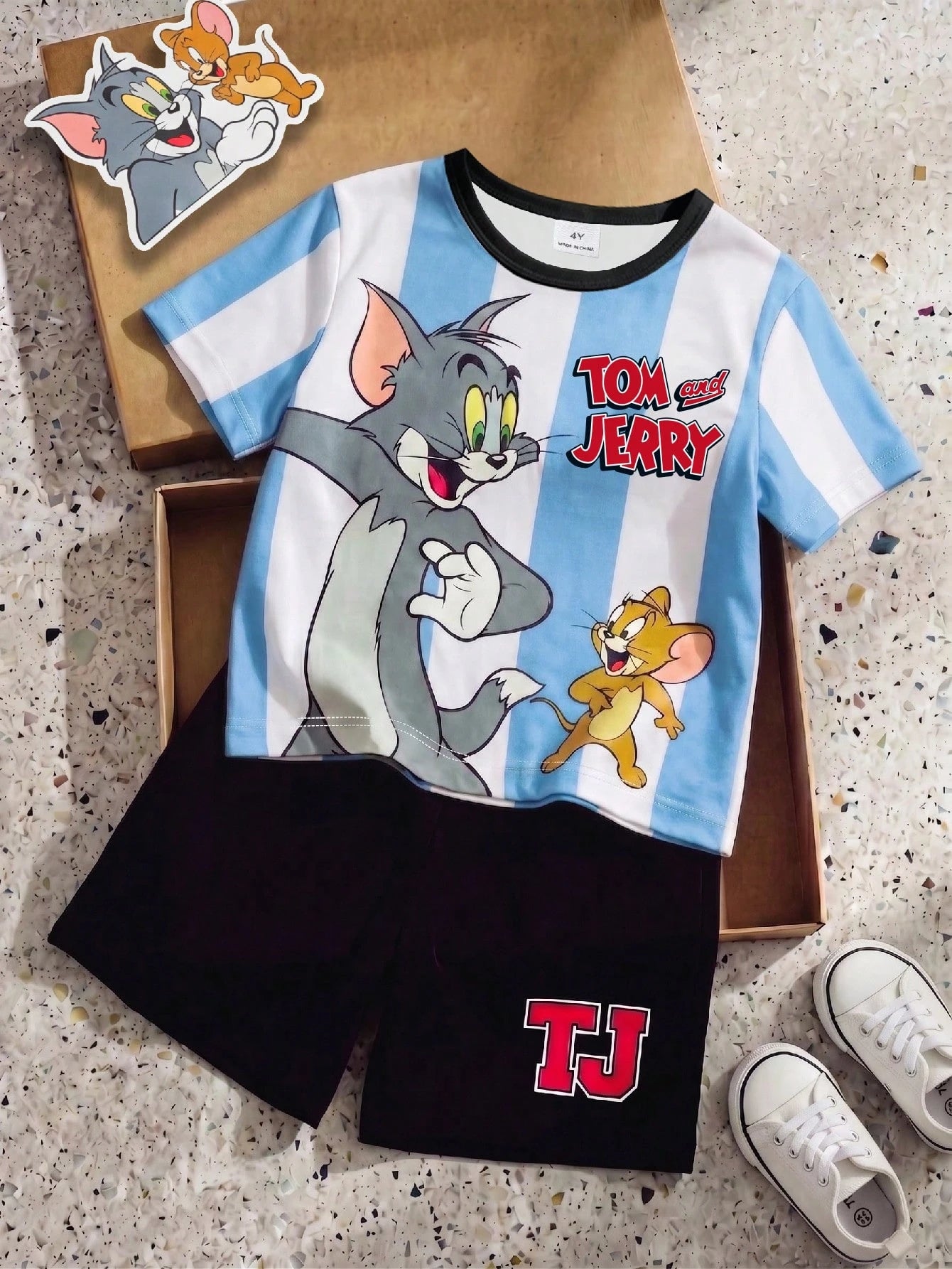 Cartoon Contrast Stripe Print Short Sleeve T-Shirt And Shorts Set