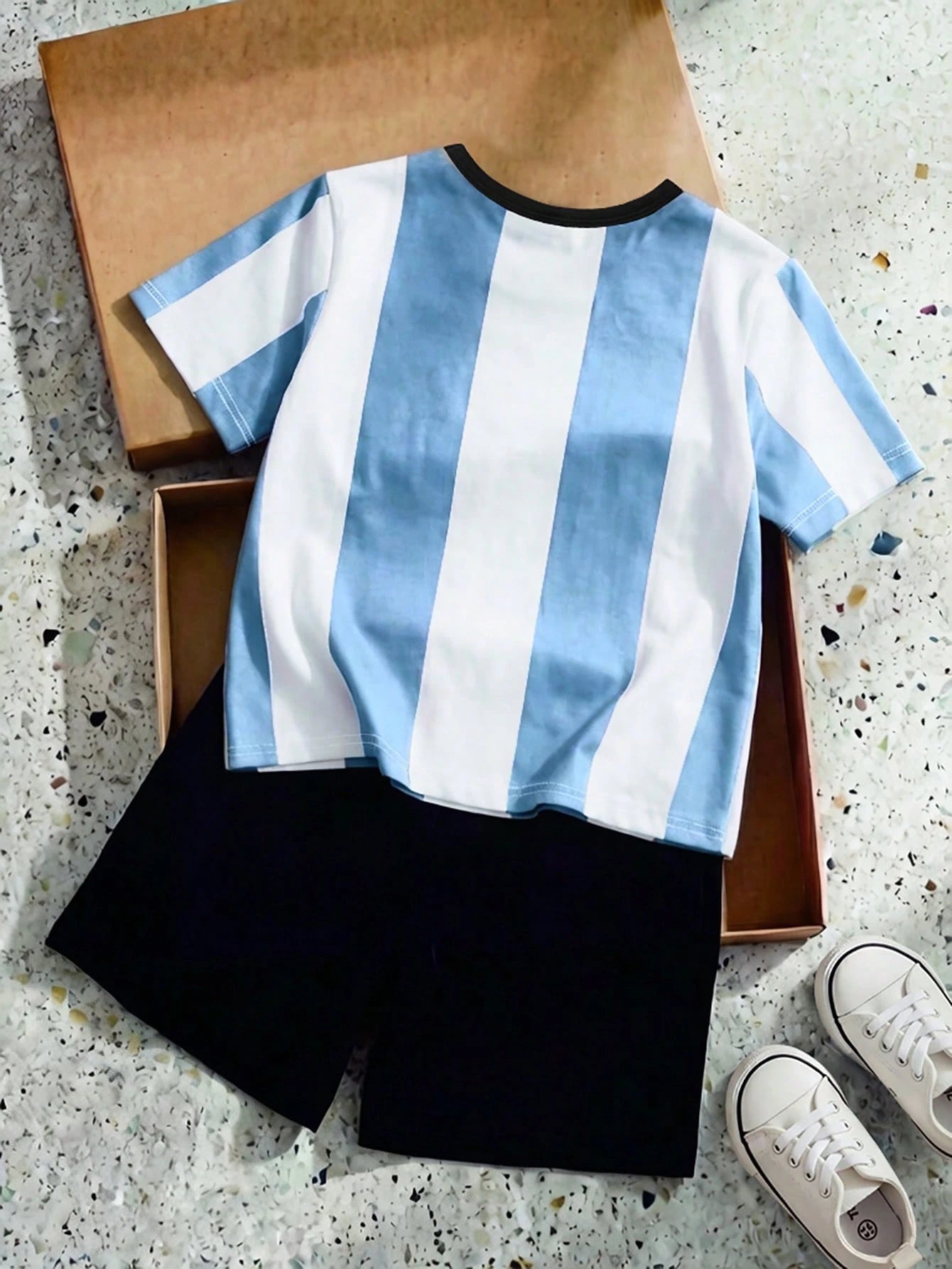 GraphicGems Young Boy Cartoon And White Pattern Contrast Trim Short Sleeve T-Shirt And Shorts 2 Pieces Set