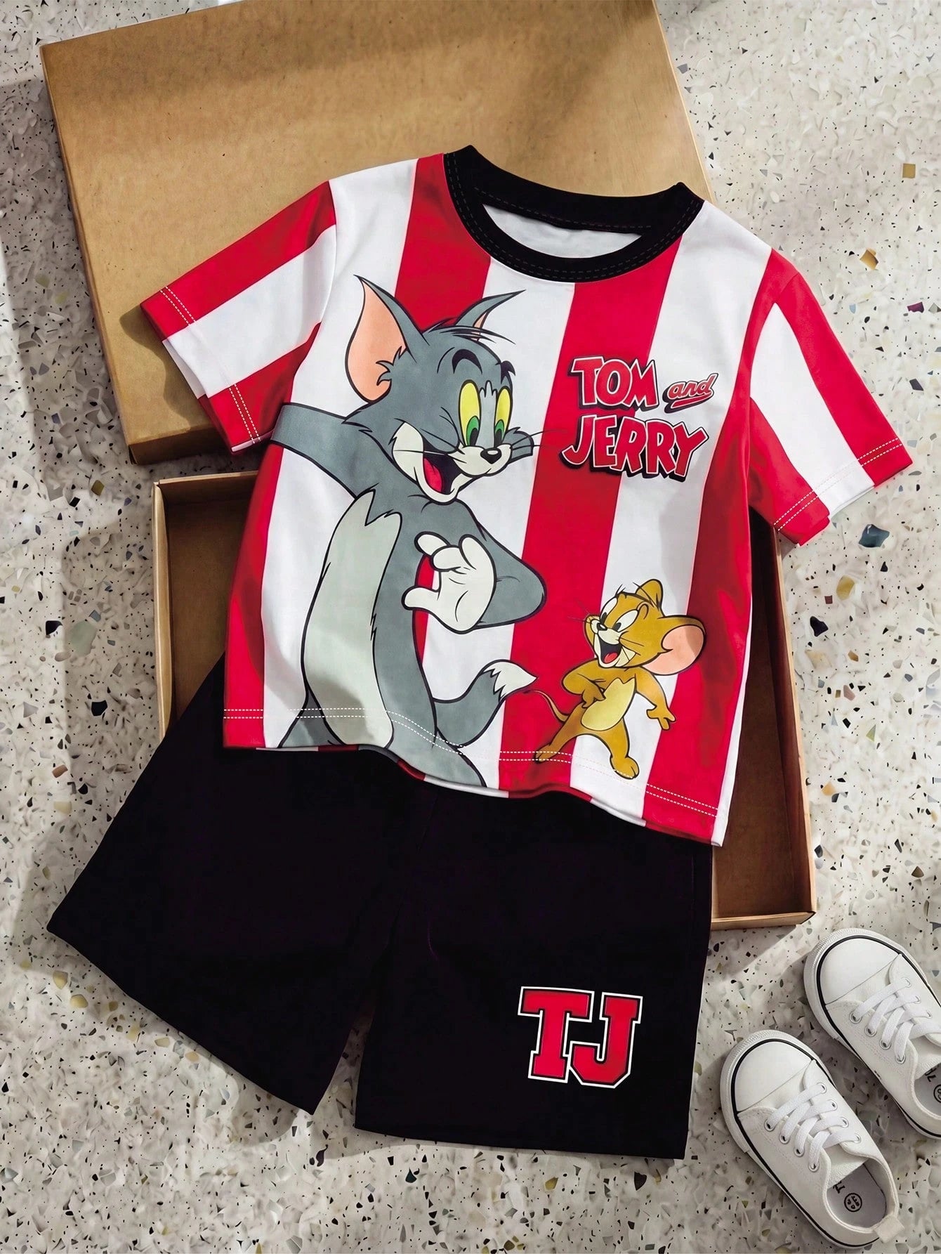Cartoon Contrast Stripe Print Short Sleeve T-Shirt And Shorts Set
