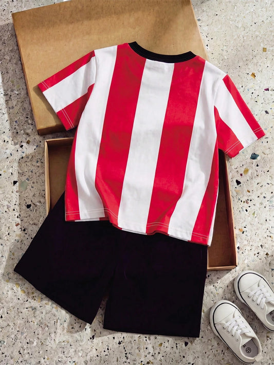 Cartoon Contrast Stripe Print Short Sleeve T-Shirt And Shorts Set