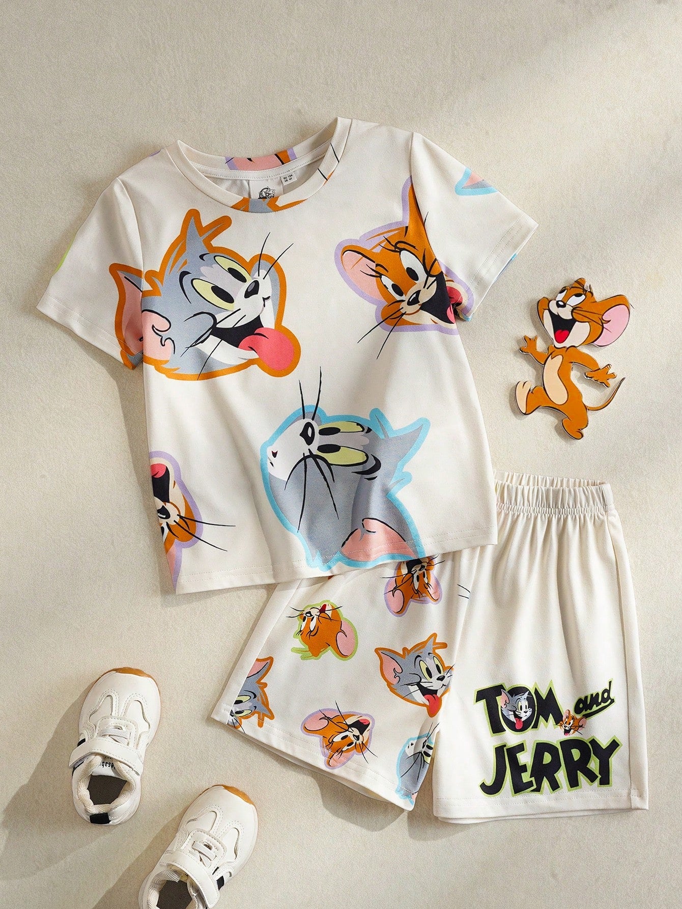 Young Boy Cartoon Print Crew Neck Short Sleeve Top And Shorts