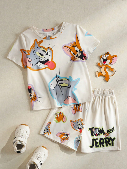 Young Boy Cartoon Print Crew Neck Short Sleeve Top And Shorts