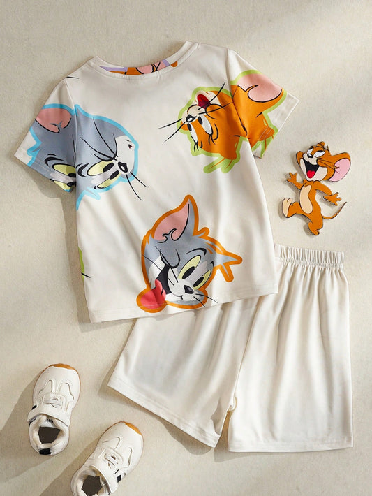 Young Boy Cartoon Print Crew Neck Short Sleeve Top And Shorts
