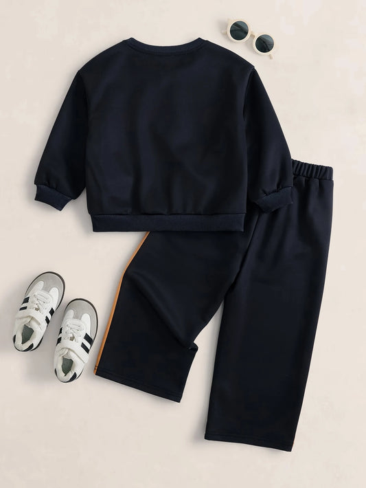 Boy Cartoon Print Long Sleeve Sweatshirt And Striped Colorblock Pants Set