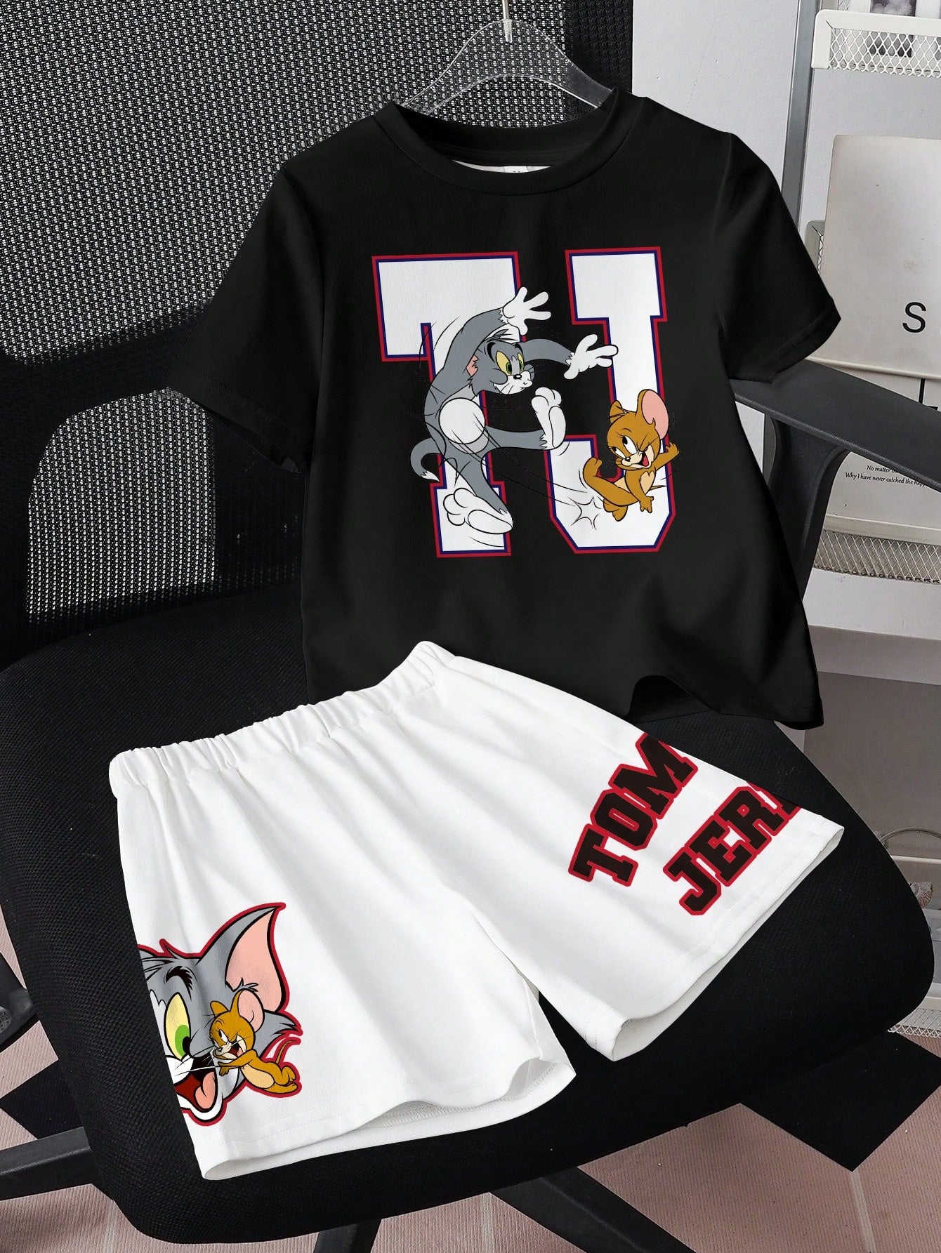 Cartoon Print Short Sleeve T-Shirt And Shorts For Young Boy Black