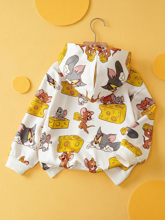 Allover Print Hooded Dropped Shoulder Long Sleeve Knit Loose Casual Sports Outdoor Sweatshirt-S