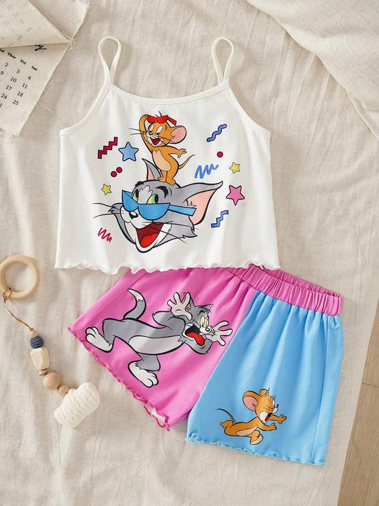 TOM & JERRY Young Girl Cute Cartoon Print Camisole And Shorts Pajama Set