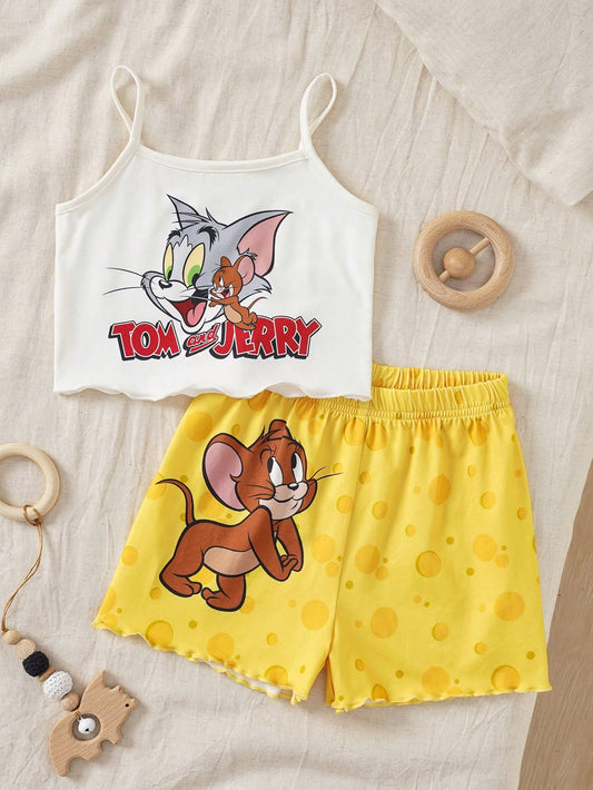 Young Girl Cute & Comfortable Cartoon Print Camisole Top And Casual Shorts Pajama Set
