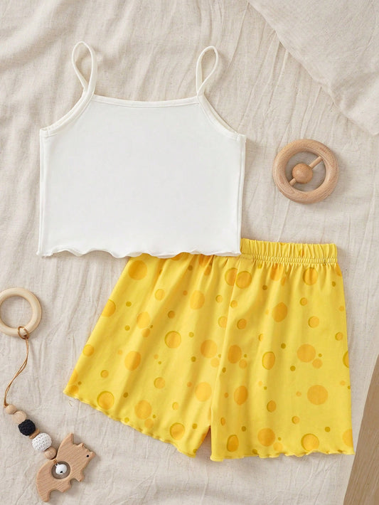 Young Girl Cute & Comfortable Cartoon Print Camisole Top And Casual Shorts Pajama Set