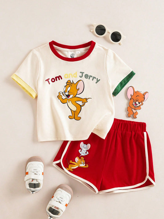 Young Girl Sports Funny Cartoon Letter T-Shirt And Dolphin Shorts Set