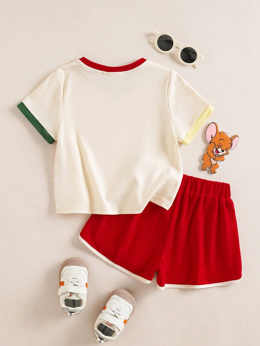 Young Girl Sports Funny Cartoon Letter T-Shirt And Dolphin Shorts Set