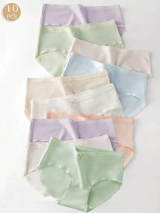 10pcs Pack Young Girls' Basic Bow Decor Solid Color Panties Beige