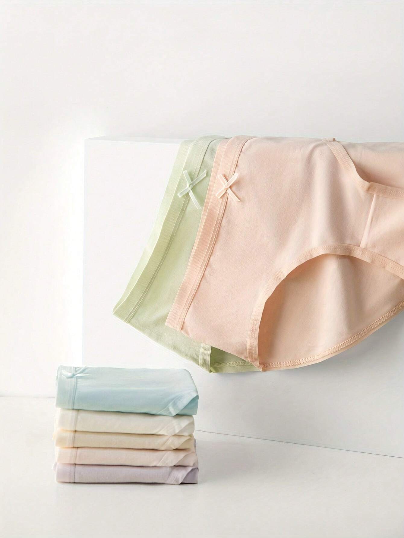 10pcs Pack Young Girls' Basic Bow Decor Solid Color Panties