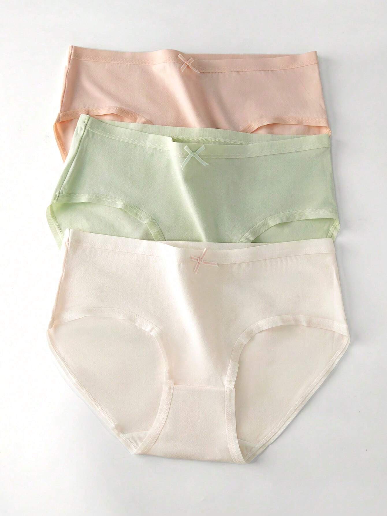 10pcs Pack Young Girls' Basic Bow Decor Solid Color Panties