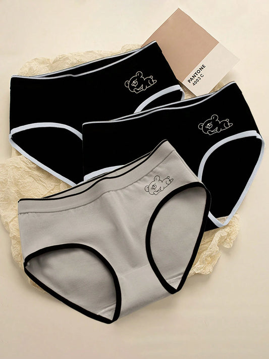 Teen Girl 3pcs/Set Cartoon Printed Mid-Rise Seamless Triangle Panties Multicolor