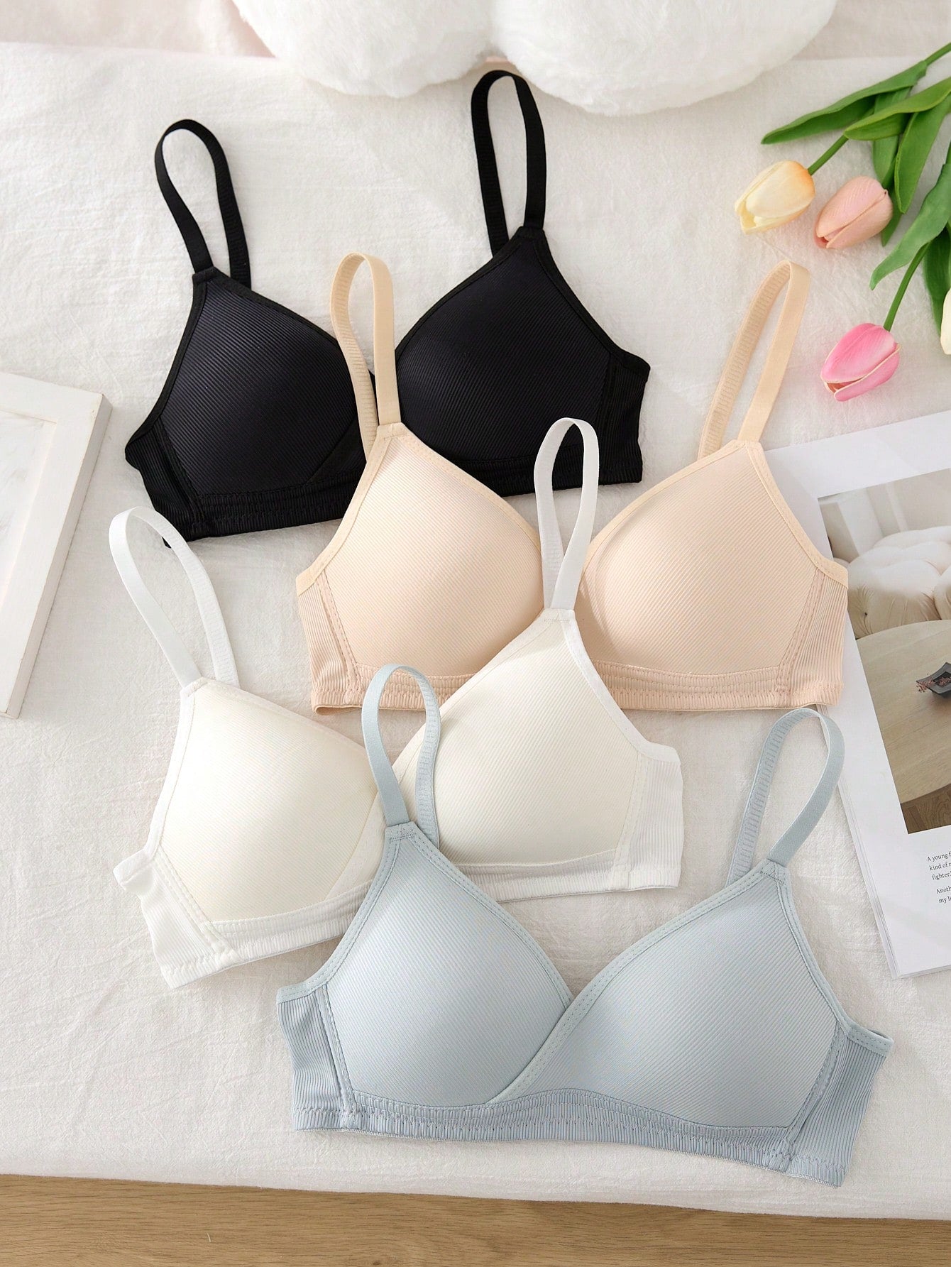 Teen Girl 4 Pcs Striped Wireless Bra Set Multicolor