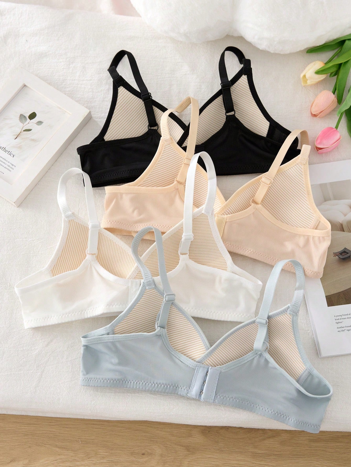 Teen Girl 4 Pcs Striped Wireless Bra Set