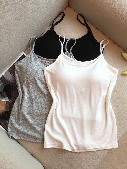 Solid Color U-Neck Casual Tight Tank Top 3-Piece Set Multicolor
