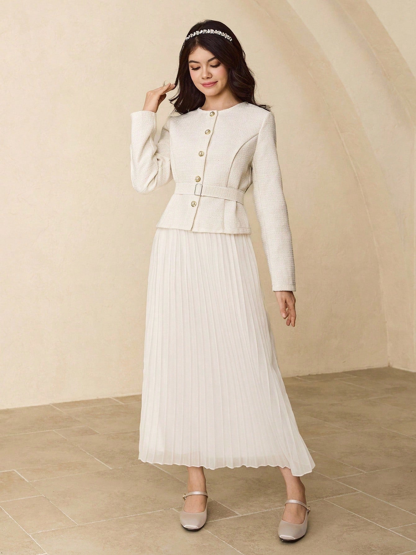 Round Neck Raglan Sleeve Fitted Short Jacket With Matching Belt, Faux Pearl Button Decor + High Waist Pleated Maxi Skirt